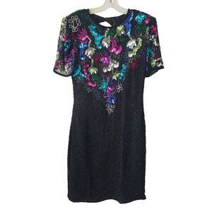 Vintage Sweelo Beaded Sequin Dress 80s Prom Cocktail Black Rainbow Retro NYE